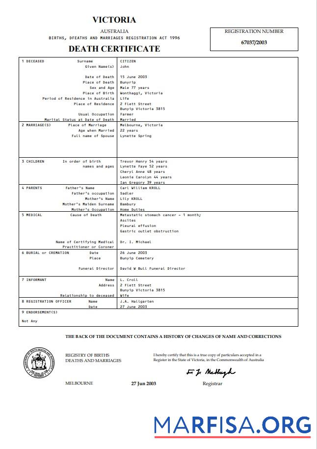 Downloadable Australia Victoria death certificate template in Word format